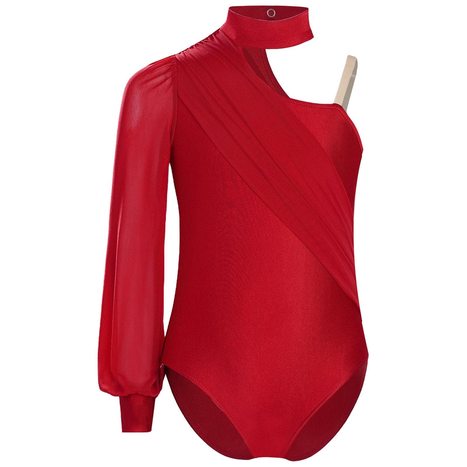 Girls One Shoulder Dance Leotard Mock Neck Long Sleeve Ruched Mesh Bodysuit for Stage Performances Competitions 15-16 Years burgundy