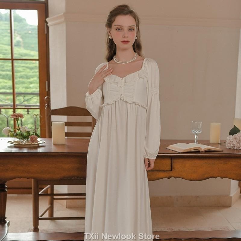 Pure Cotton Nightgown Women's Long Sleeve New Royal Style Lace Sweet Princess Nightgown M
