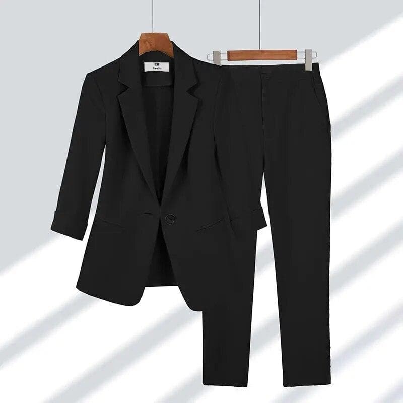 Women's Thin Office Suit Business Suit Jacket + Pants 2 Piece Set XXL black