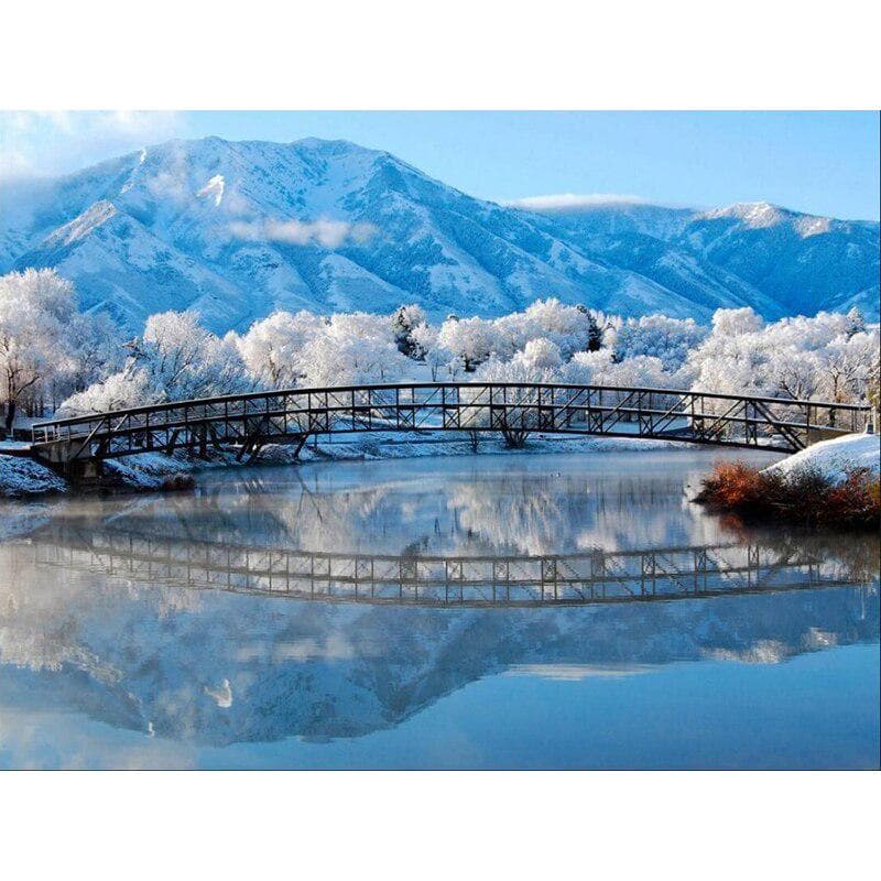 DIY 5D Diamond Painting Winter Lake Landscape Bridge Full Round Diamond Embroidery 20X30CM