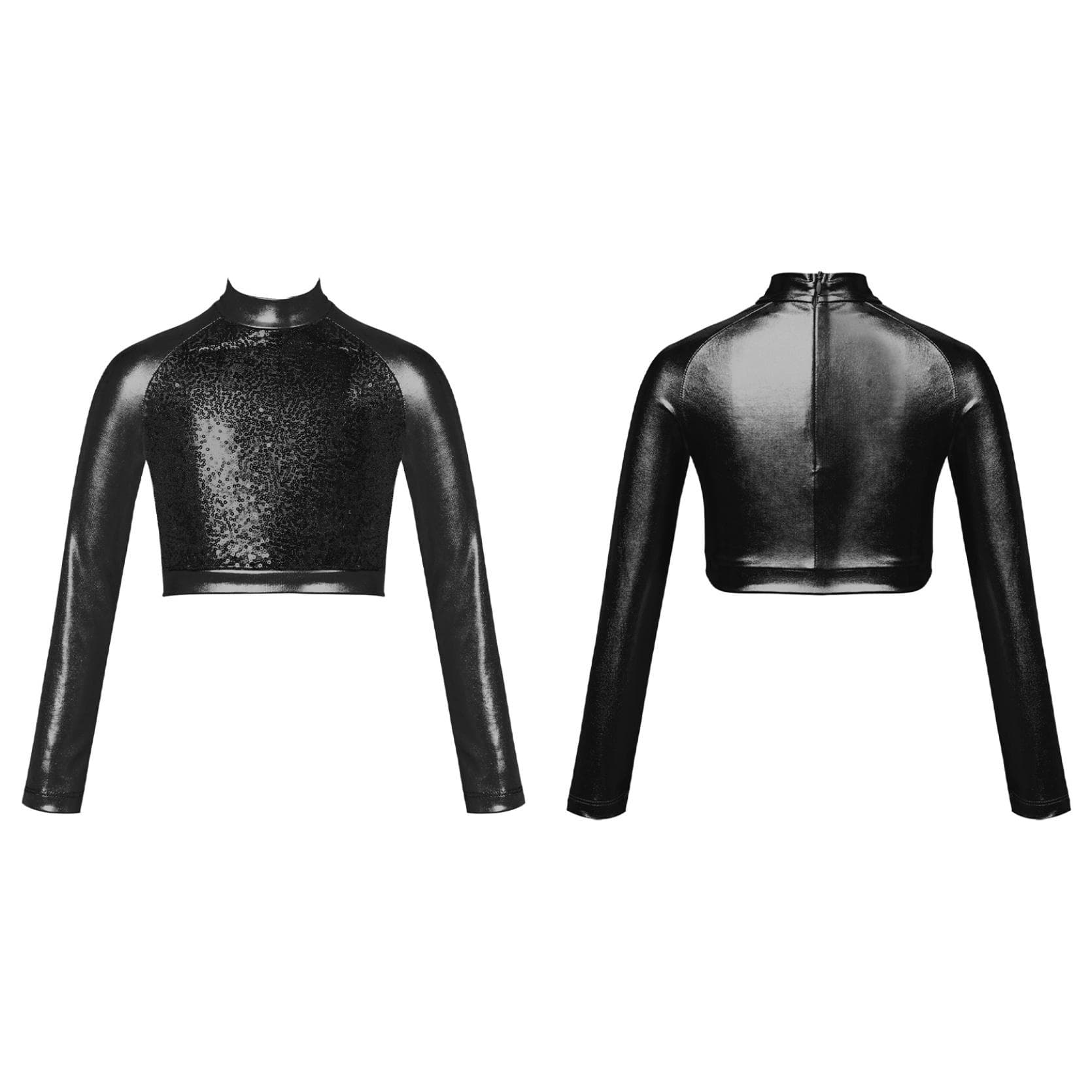 Kids Girls High Neck Glitter Crop Top Metallic Long Sleeve T-Shirt Ballet Dance Leotard Gymnastics Performance 5-6 Years black