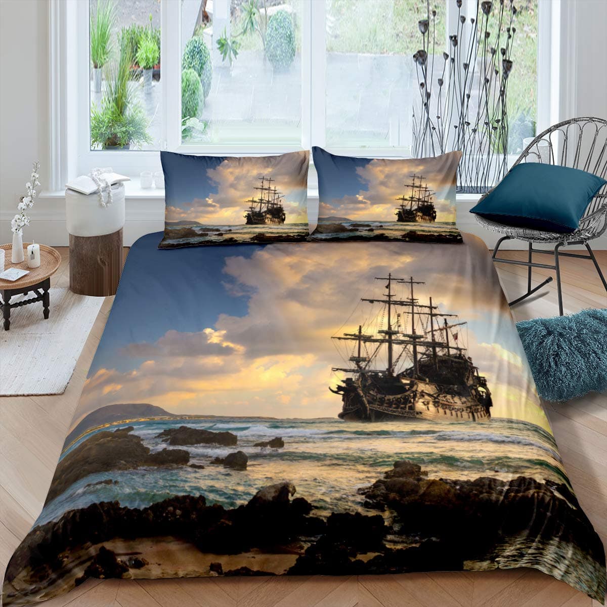 Nautical Sailboat King Queen Duvet Cover Coastal Sailing Boat Bedding Set Sea Adventure Comforter Cover Polyester Quilt Cover 135x200cm 2pcs