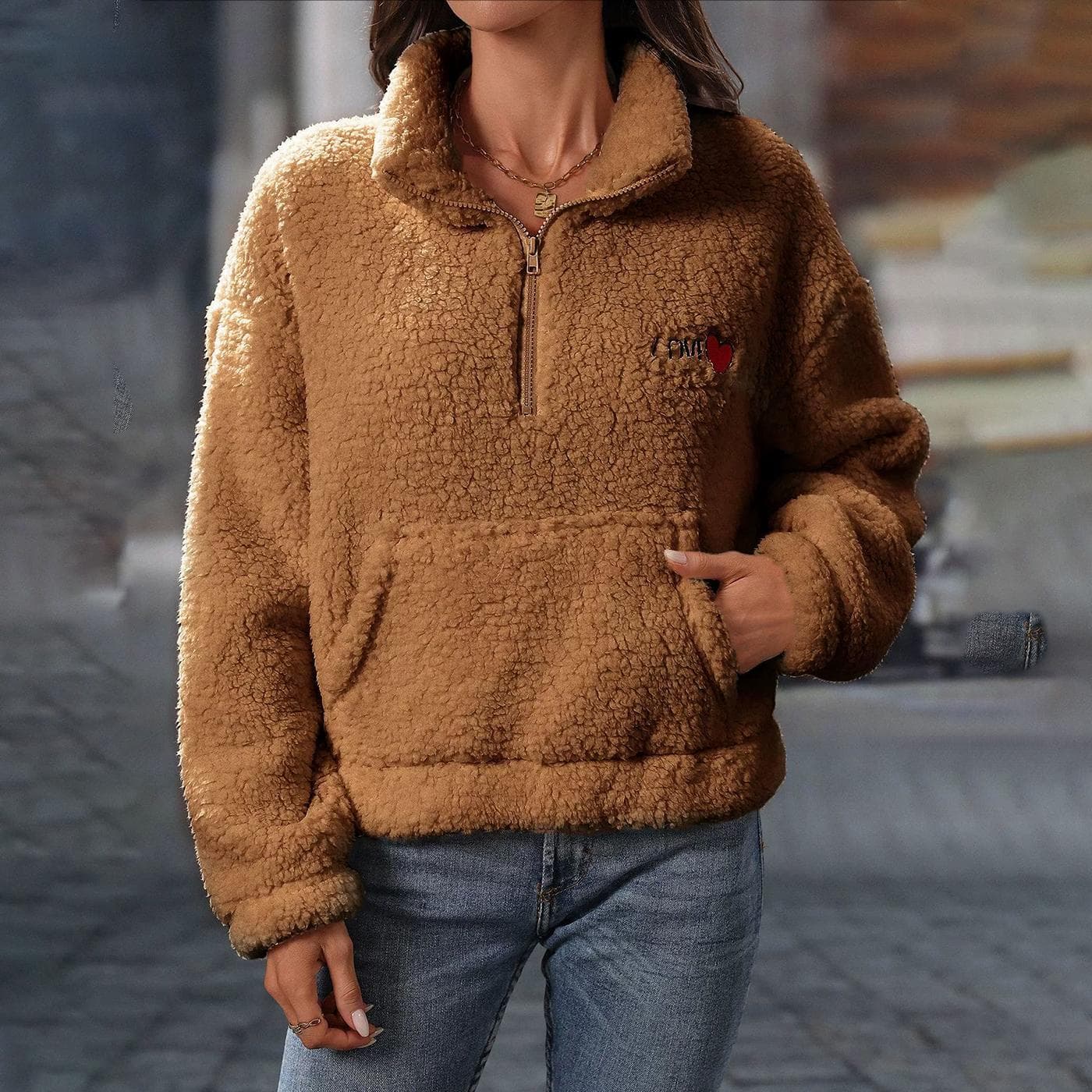 Autumn and Winter Women's Plush Long Sleeve Loose Half Zipper Standing Collar Pullover Sweatshirt Jacket 2XL camel