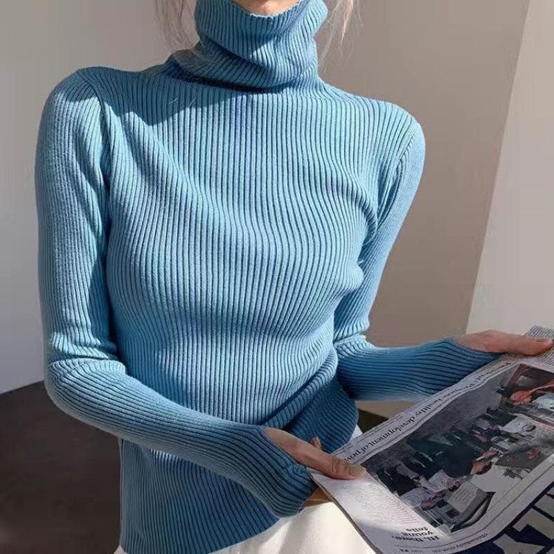 Women heaps collar Turtleneck Sweaters Autumn Winter Slim Pullover Women Basic Tops Soft Knit Sweater Soft Warm Jumper XL blue