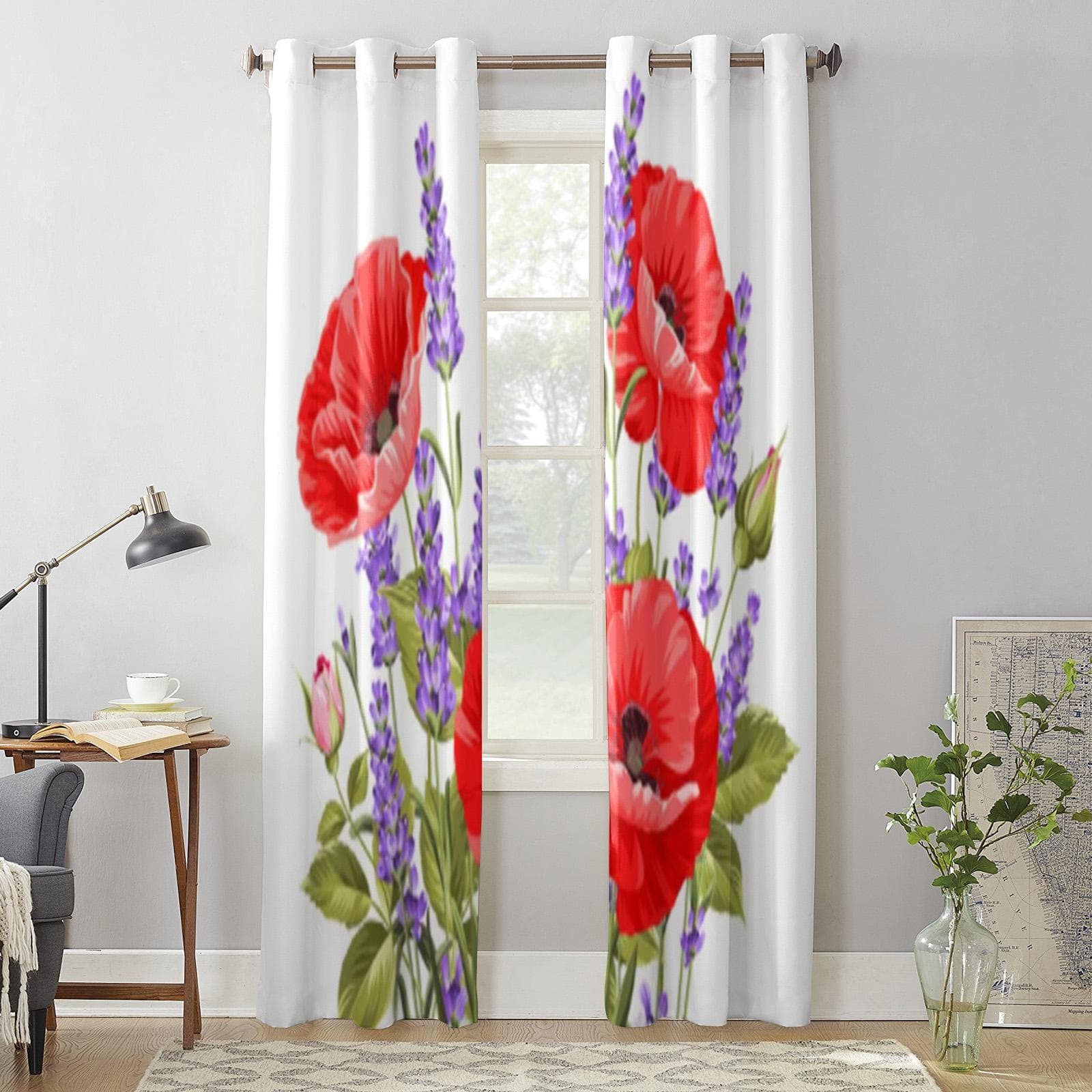 Modern Window Curtains Bunch of Lavender and Poppy Flowers Luxury Fashion Curtains for Living Room Bedroom Kitchen Drapes 135W x 60H(cm) x1