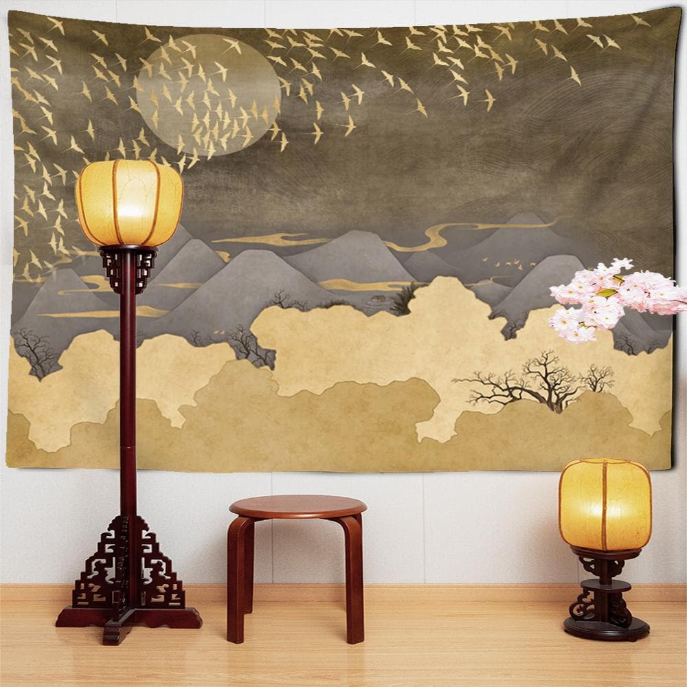 Mountains Sun Moon Landscape Print Tapestry Migratory Birds Fly Wall Hanging Tapestry Macrame Wall Hanging Home Art Decor 150x100CM