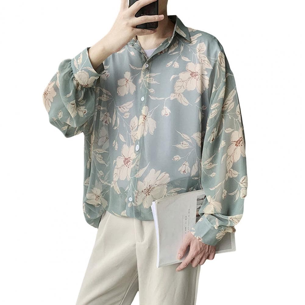 Men Shirt Single-breasted Printed Loose Turn-down Collar Long Sleeves Single-breasted Buttons Thin Mid Length Cardigan Fall Spri M green