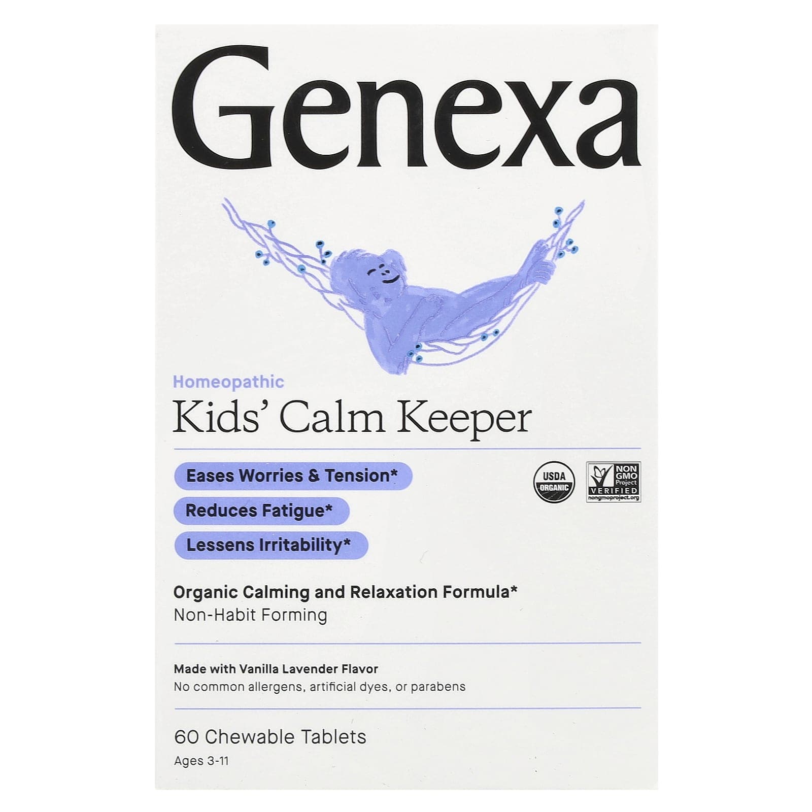 Genexa, Calm Keeper for children, ages 3 to 11, vanilla & lavender, 60 chewable tablets