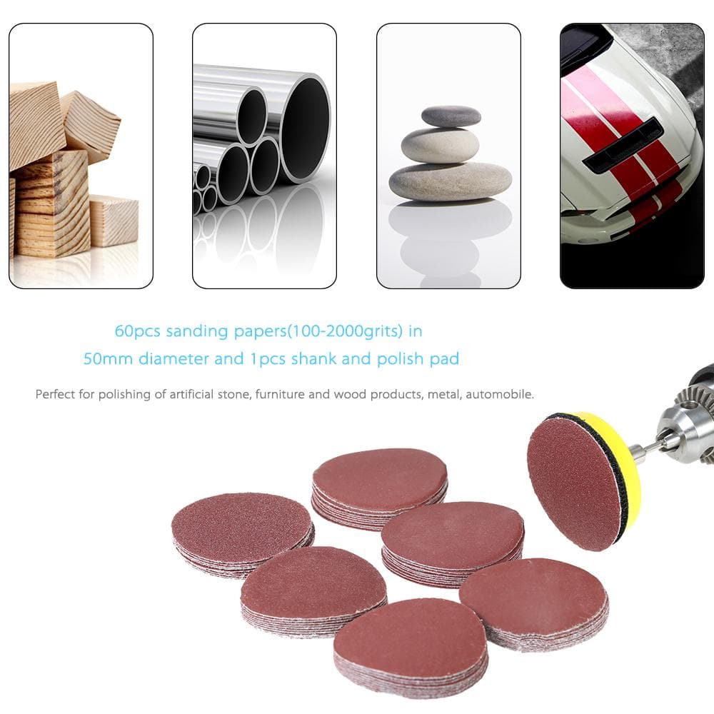 60PCS 50mm 2  Sander Disc Sanding Disk 100-2000 Grit Paper with 2inch Abrasive Polish Pad Plate