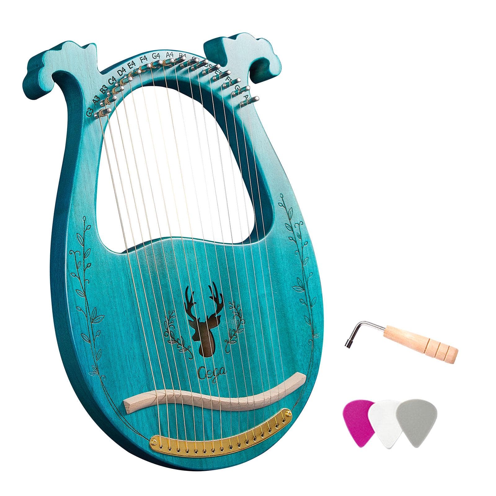 16-String Wooden Lyre Harp Resonance Box String Instrument with Tuning Wrench 3pcs Picks blue