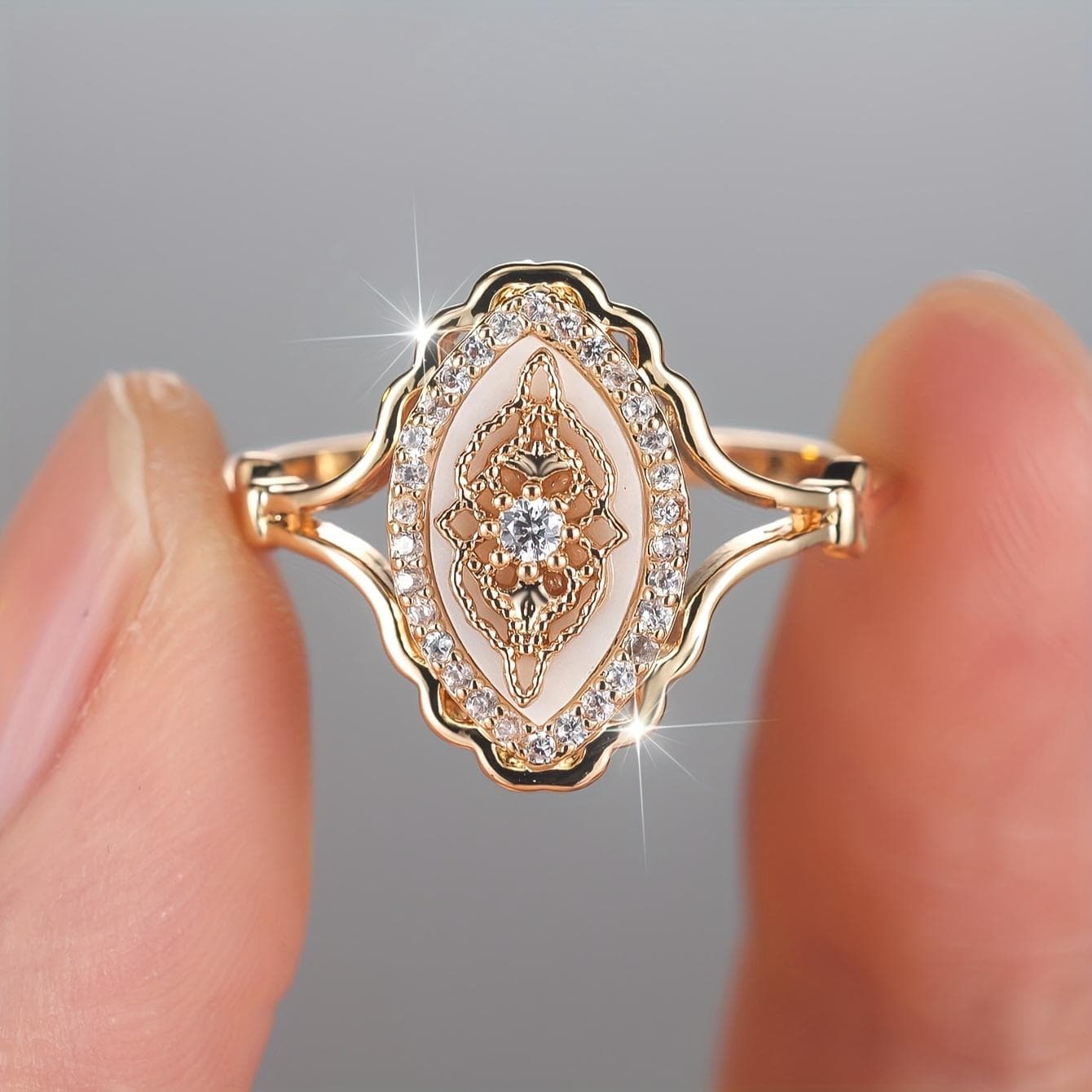 Bohemian Inlaid Simulated Shell 14K Golden Plated Ring, Luxury Party Holiday Everyday Wear 7 golden