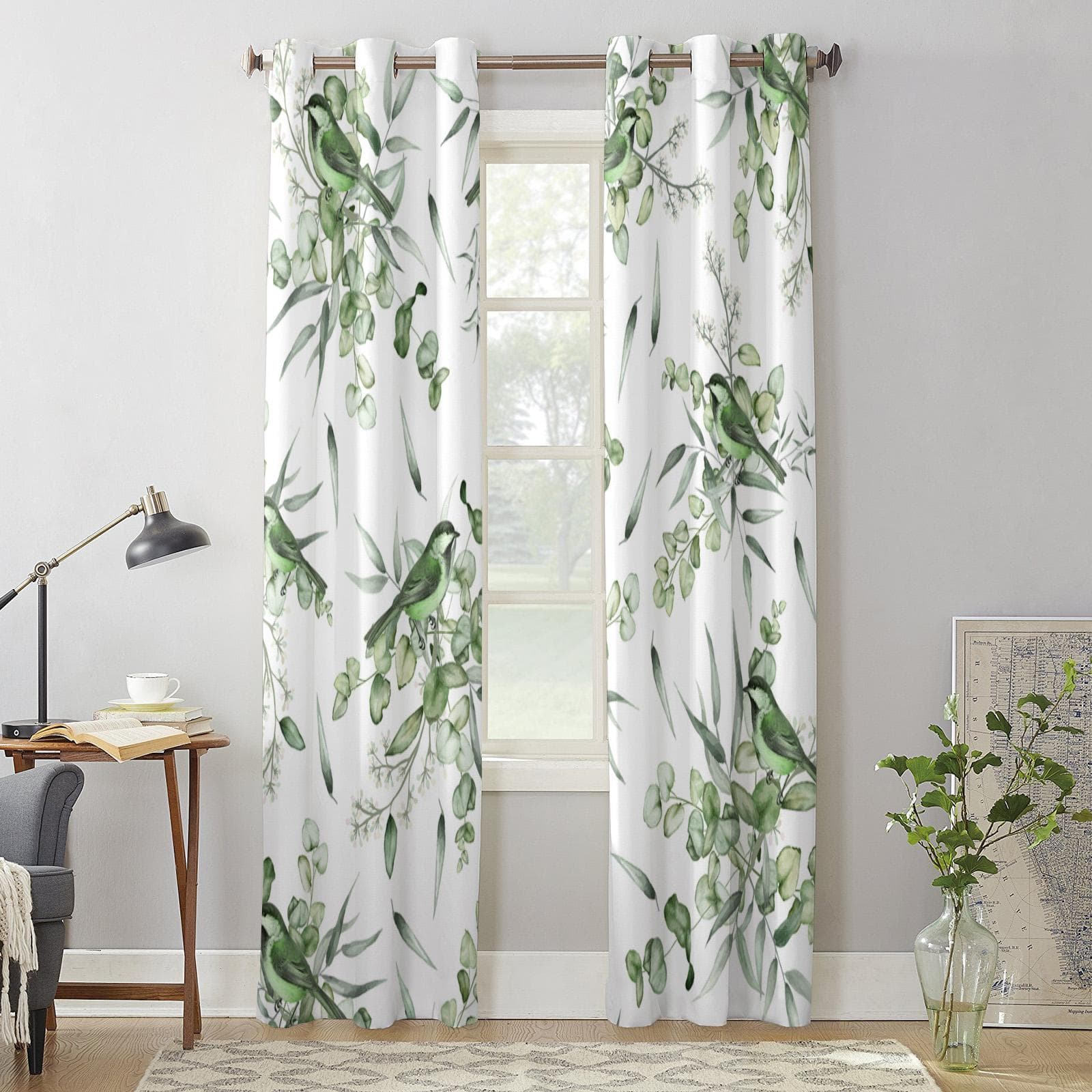 Summer Green Leaves Bird Watercolor Window Curtains for Living Room Bedroom Curtain Modern Kitchen Blinds Drapes Curtains 135W x 115H(cm) x1