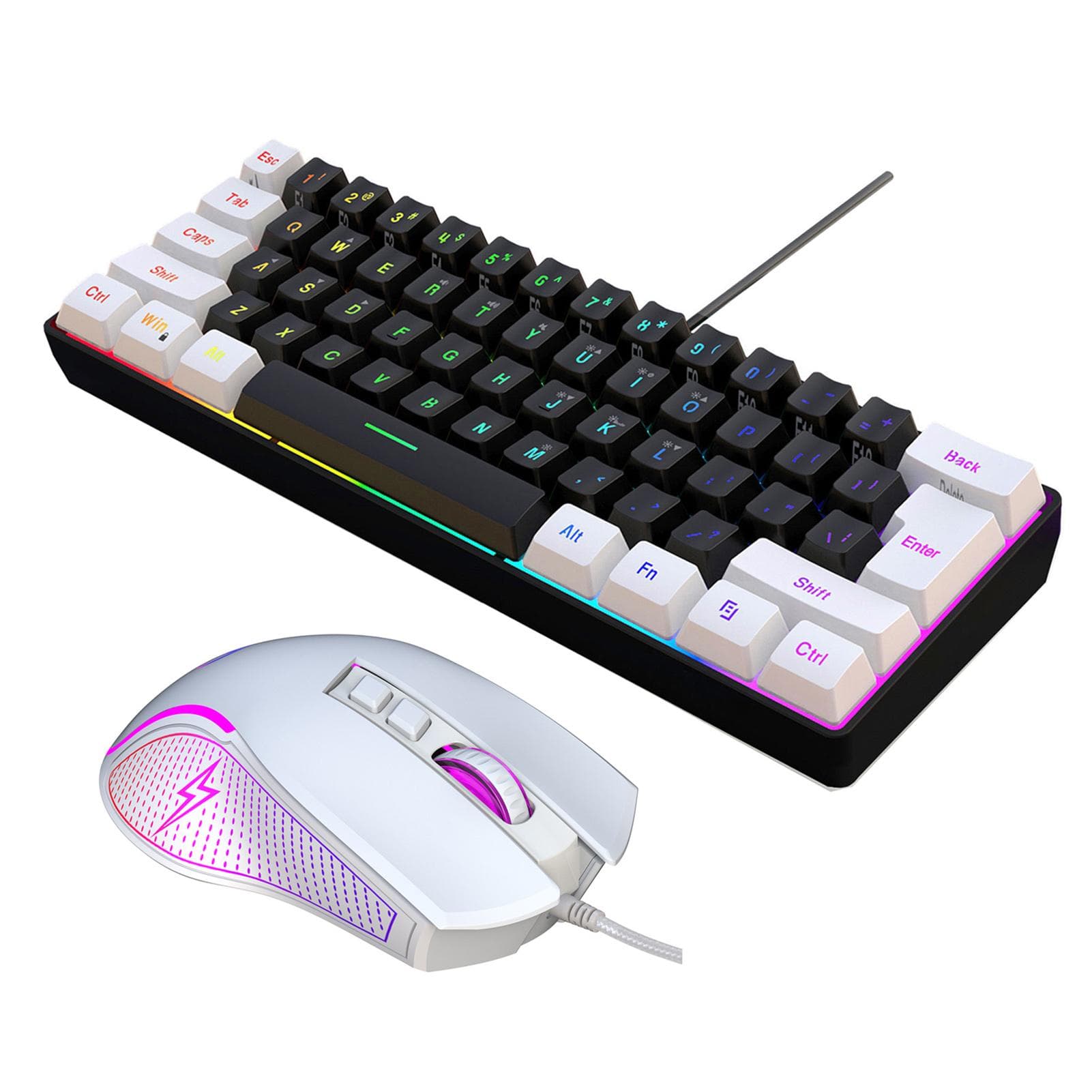 HXSJ V700BW+X100 USB Computer Keyboard and Mouse Kit with 61-key Wired RGB Backlight + Wired Gaming white