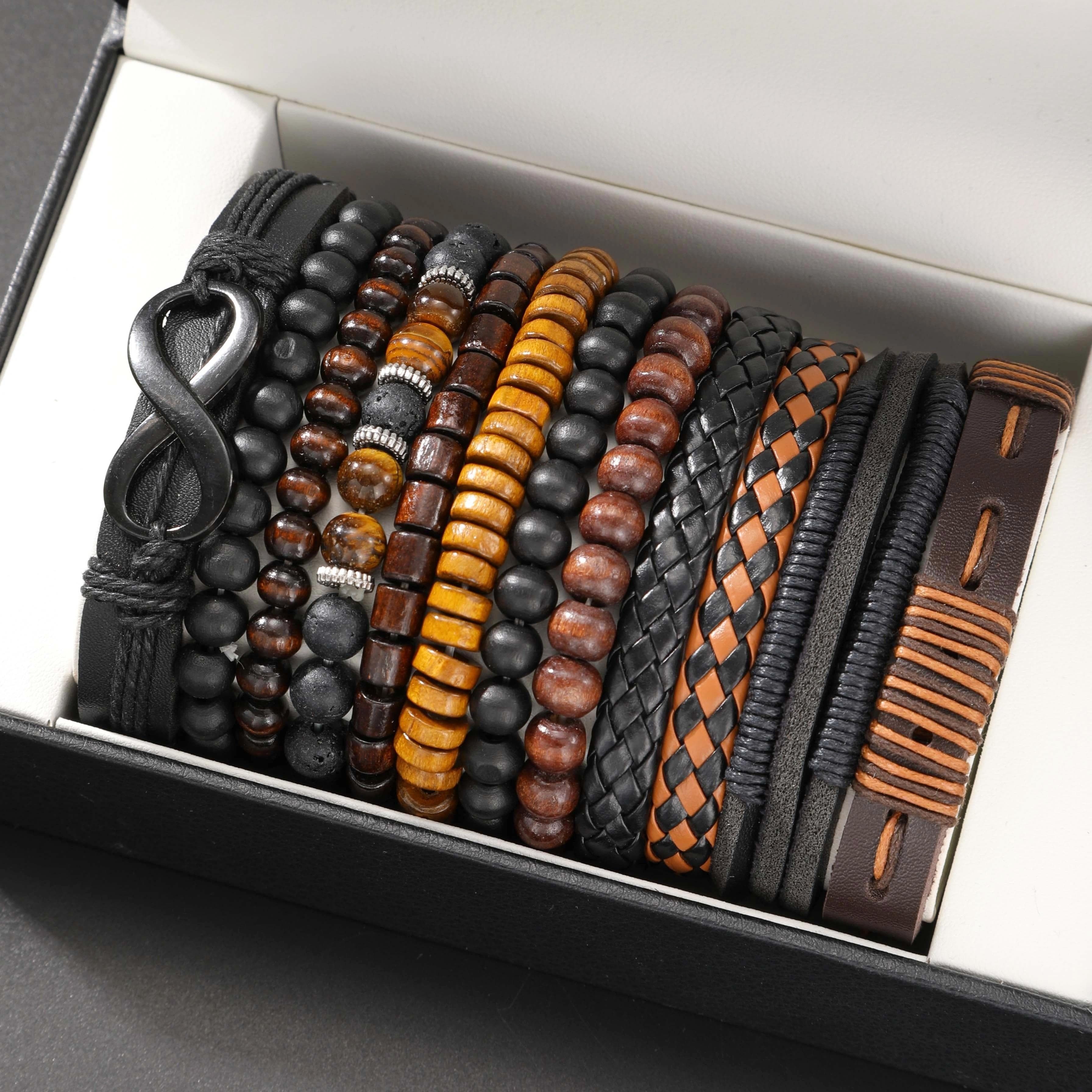 IF ME 12 Pieces, Men's Fashionable Punk Imitation Leather and Wooden Bead Bracelet, Casual Style Can Be Layered, Suitable for Daily Wear and Parties brown