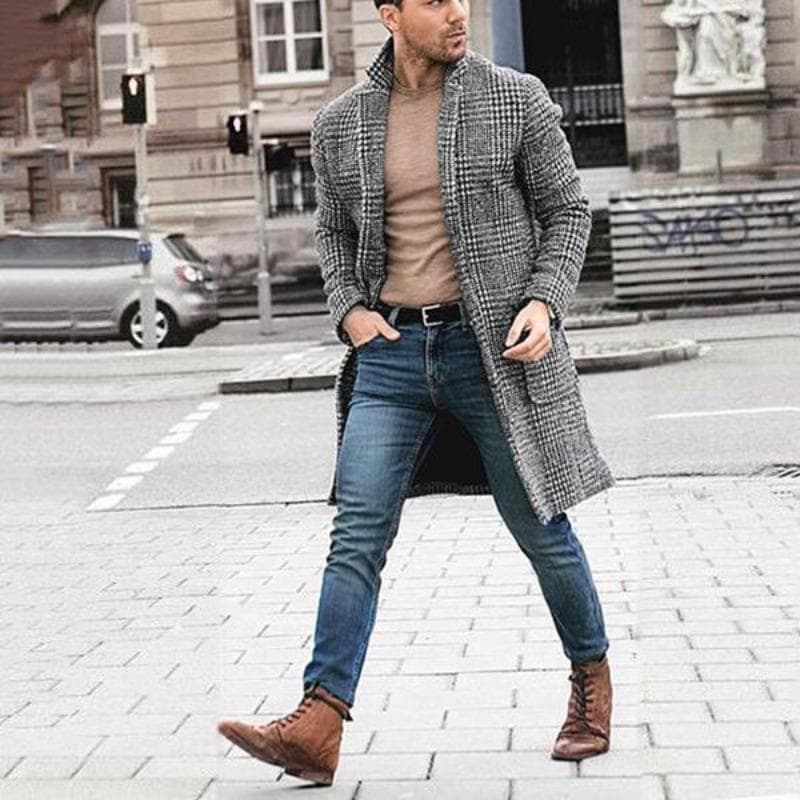 Autumn and Winter Woolen Men's Coat Medium and Long Plaid Trench Coat XXL
