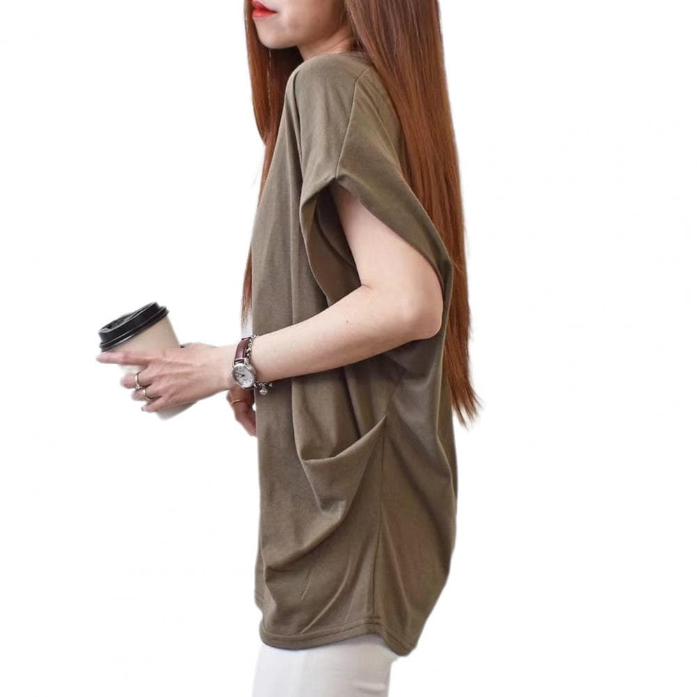 Women Tops Round Neck Raglan Short Sleeve Irregular Pleats Tee Shirt Solid Color Loose Fit Summer Lazy Pullover Tops One Size coffee