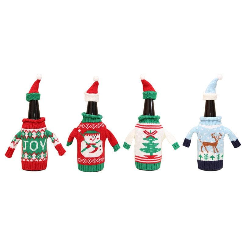 4pcs Xmas Bottle Cover Handmade Knitted Cartoon Decorative Wine Bottle Sweater Cover for Party Home