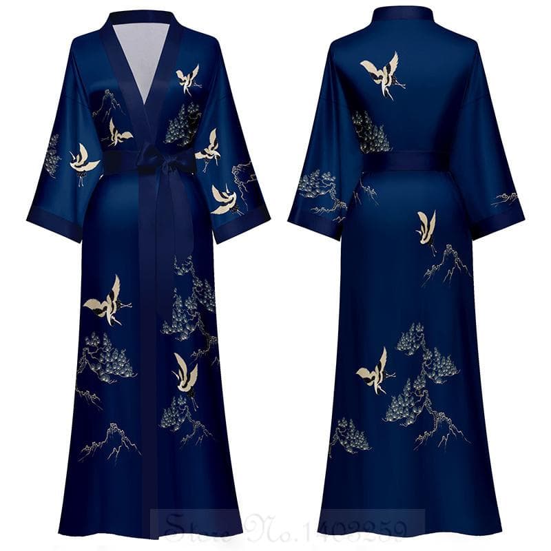 Chinese Style Print Women Long Robe Nightgown Retro Satin Sleepwear Nightdress Half Sleeve Kimono Bathrobe Gown Loose Home Wear One size