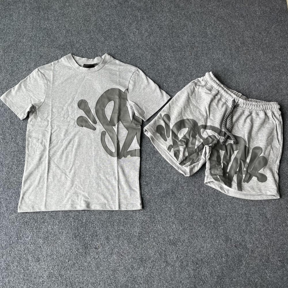 Synaword Men's Trendy American Foam Letter Print T-Shirt & Shorts Set L gray