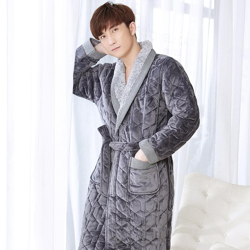 Thick 3 Layers Warm Winter Bathrobe Men Soft Flannel Quilted Long Kimono Bath Robe Male Dressing Gown for Mens Coral Fleece Robe 2XL