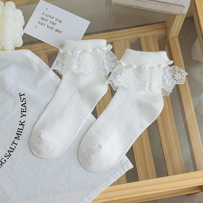 Japanese Kawaii Cute White Socks JK Lace Frilly Ruffle Socks Women Solid Color Sweet Girls Students Lolita Style Lace Crew Socks