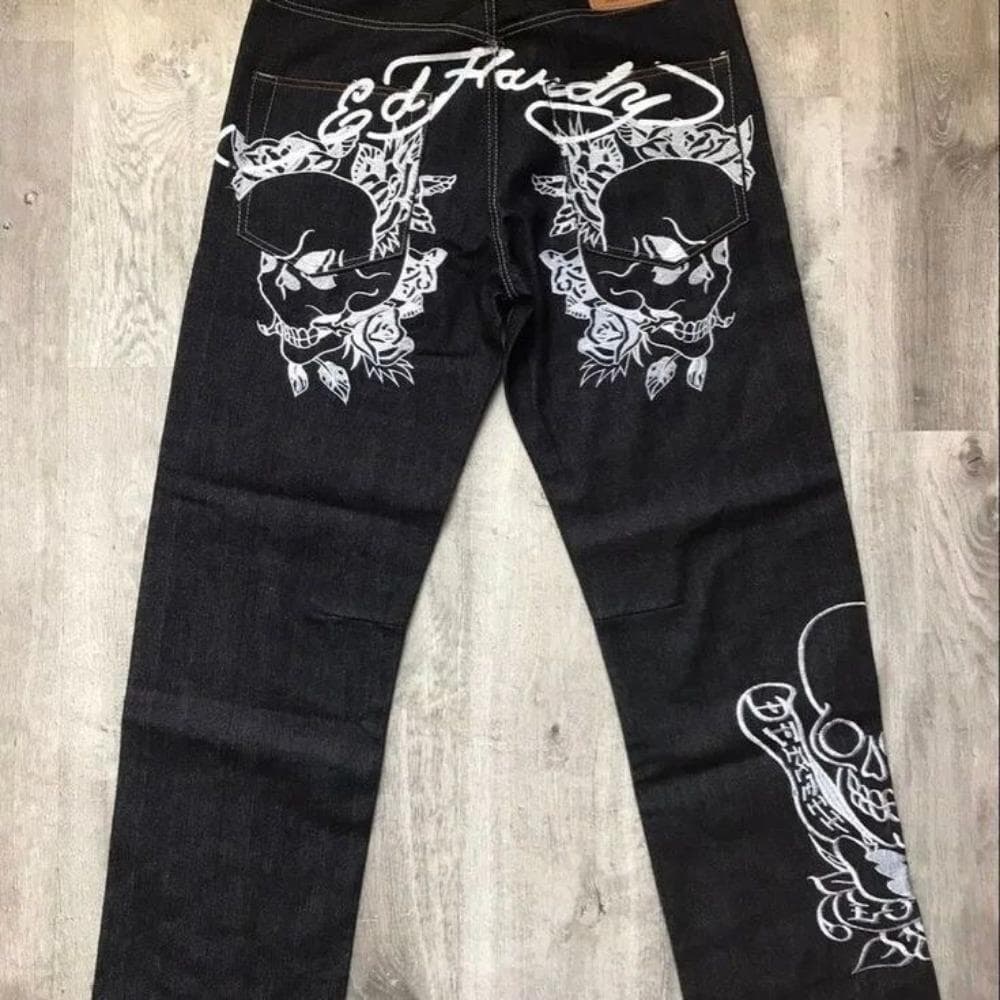 RogueWave European and American Retro High Street Hip-hop Oldschool Skull Embroidery Loose Casual Stylish Jeans Trousers 34