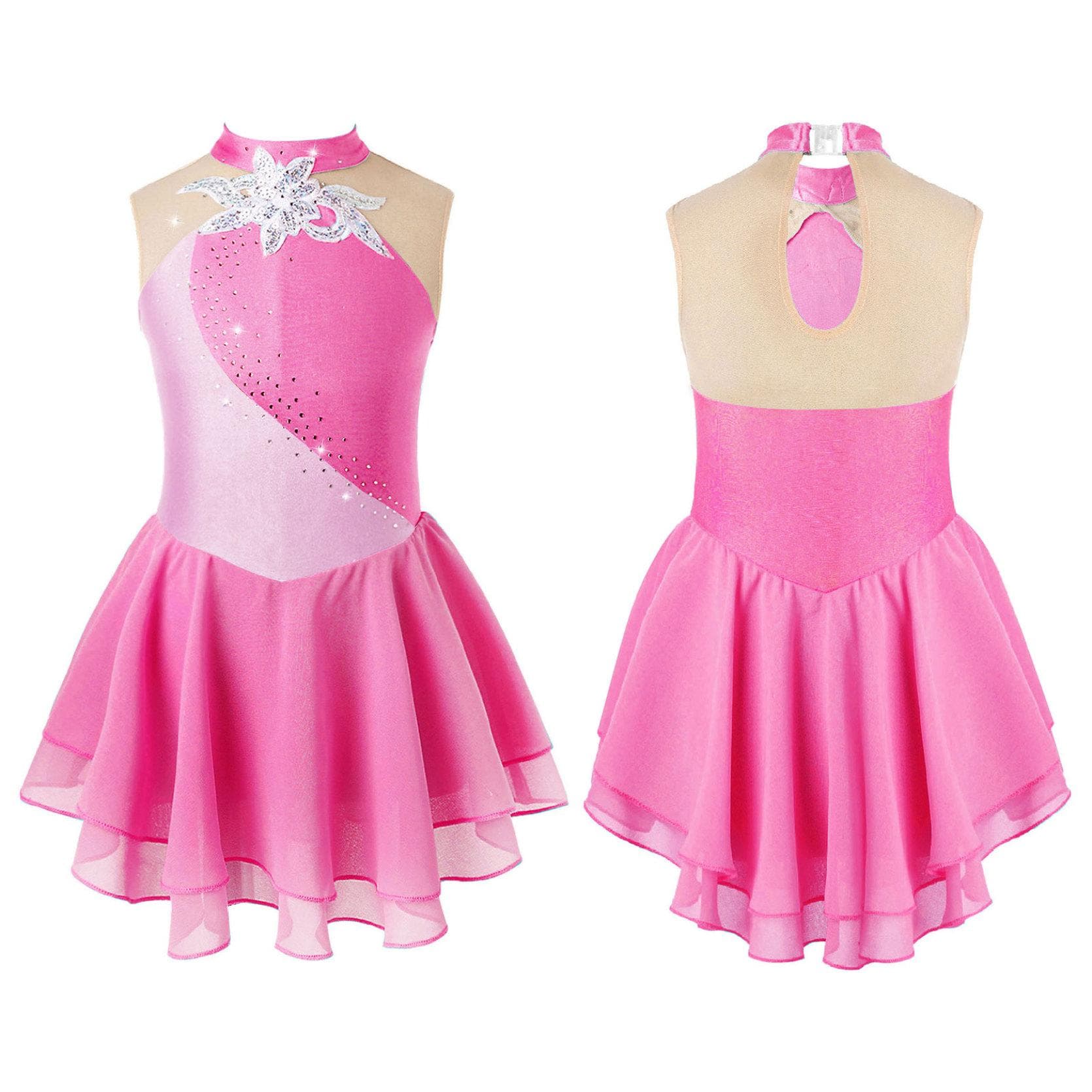 Gymnastics Leotards for Girls Sleeveless Rhinestone Ice Skating Dress Floral Dance Dresses 9-10 Years pink
