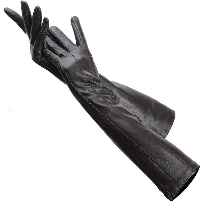High Quality Ladies color Lambskin Leather Gloves length 47cm Winter Warm Fashion long gloves 6.5 brown