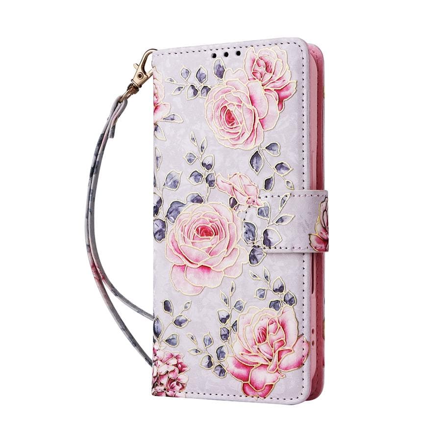 RFID Blocking Anti Theft Brush Embossed Floral Wallet Case with Card Slots for iPhone 16 15 14 13 12 Samsung Galaxy S25 S24 S23 A15 A14 A56 A55 Redmi Note 13 4G grey