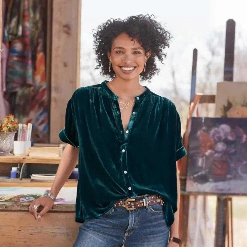 Fashion Velvet Loose Casual Blouse Women Tops Solid O Neck Short Sleeve Shirt Woman Summer Elegant Office Lady Blusas 30480 M dark green
