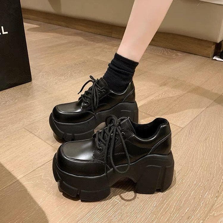 Women's All-match Height Increase Women's Shoes Thick-soled Lace Up Casual Shoes 35 black