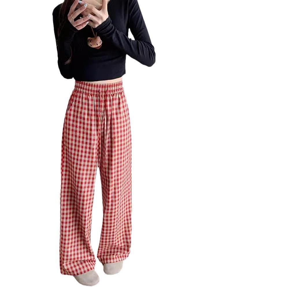 Korean Red Plaid Casual Pants for Women New Versatile Loose Slimming Straight Wide-leg Floor-slimming Pants 2XL red