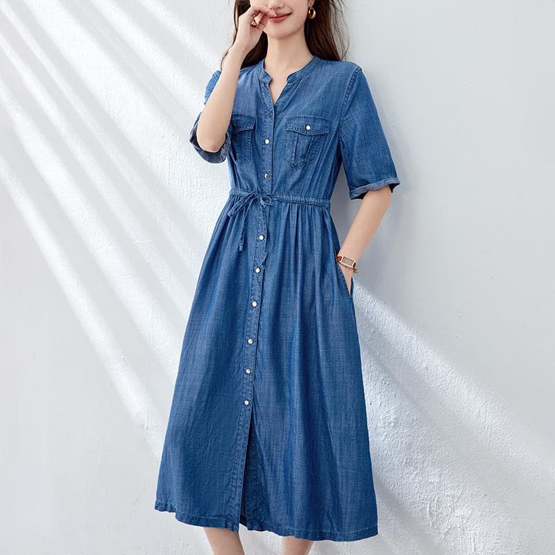 Summer Temperament Drawstring Waist and Thin V-neck Sunscreen Denim Dress Women's Age Reduction M denim blue