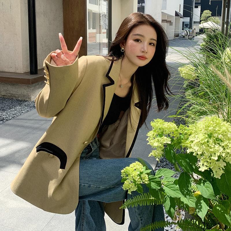 Spring and Autumn New Women's Design Contrast Color Small Suit Women's Loose Large Size Casual Jacket XL