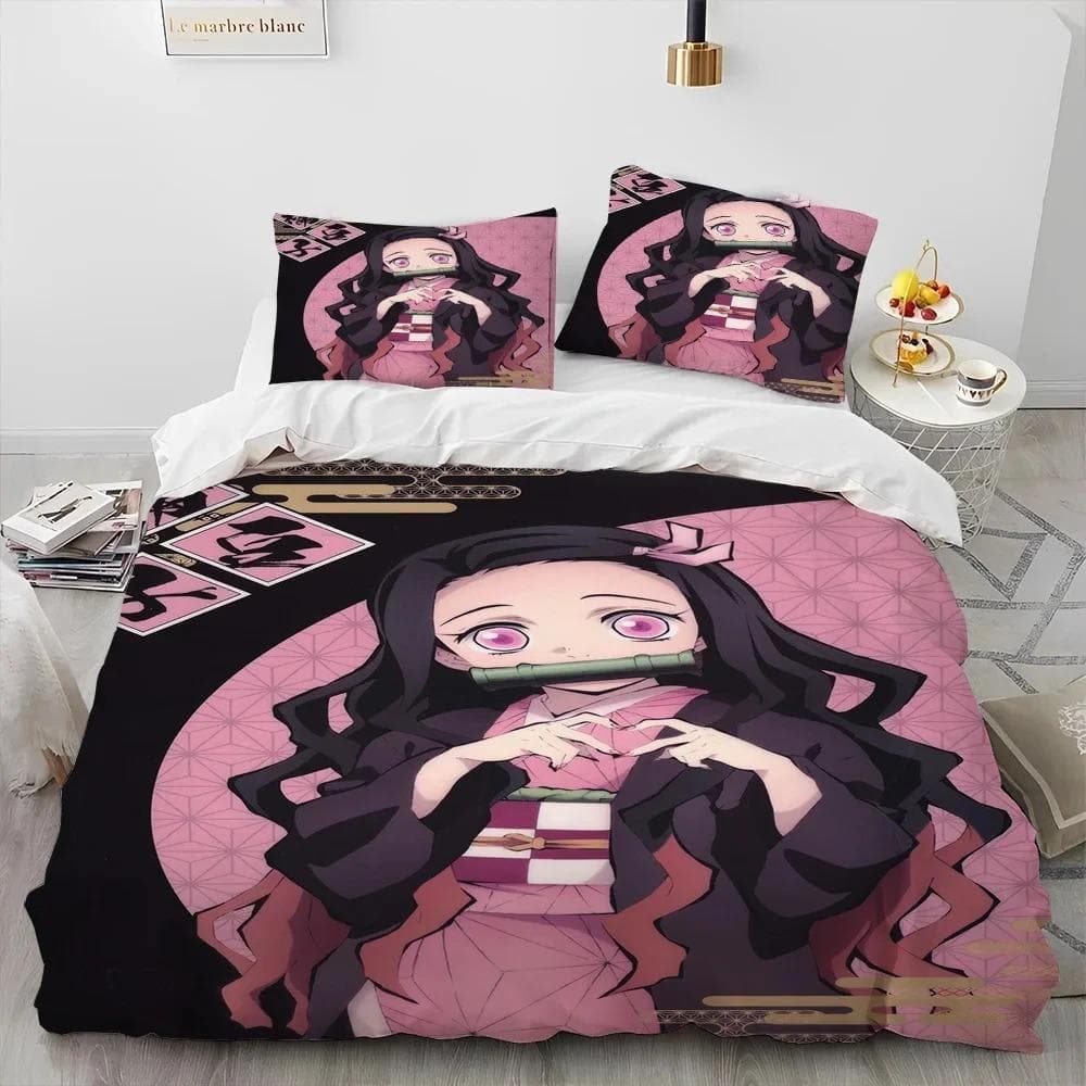 Demon Slayer Bedding Set Kamado Nezuko Duvet Cover Set Bedspread Pillowcase King Queen Full Single Size Bed Linen Boys Teen Gift 135x200cm 2pcs
