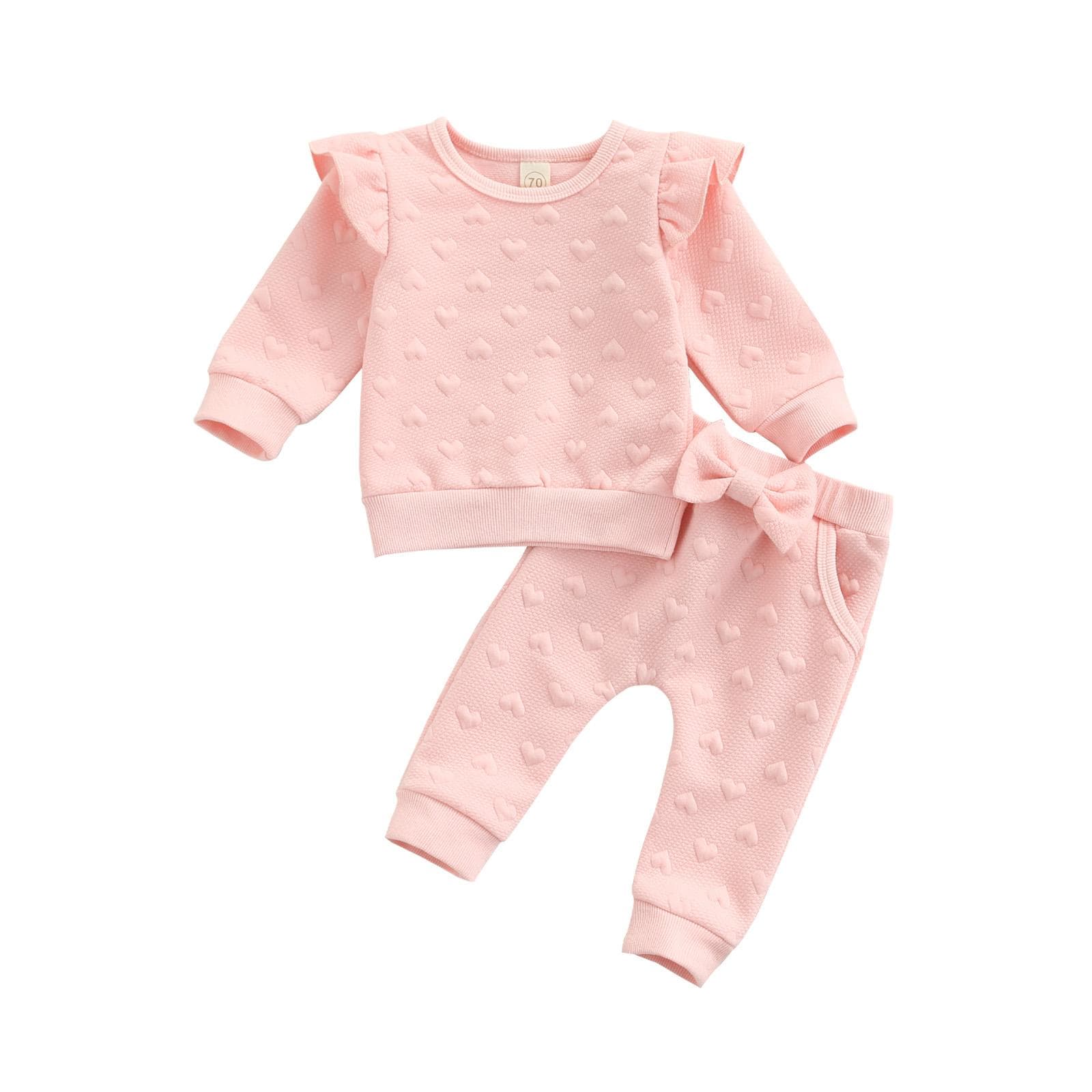 2 Pieces Kids Suit Set, Solid Color O-Neck Long Sleeve Ruffle Tops+ Bowknot Trousers for Girls, Pink, 0-24 Months 0-3 Months pink