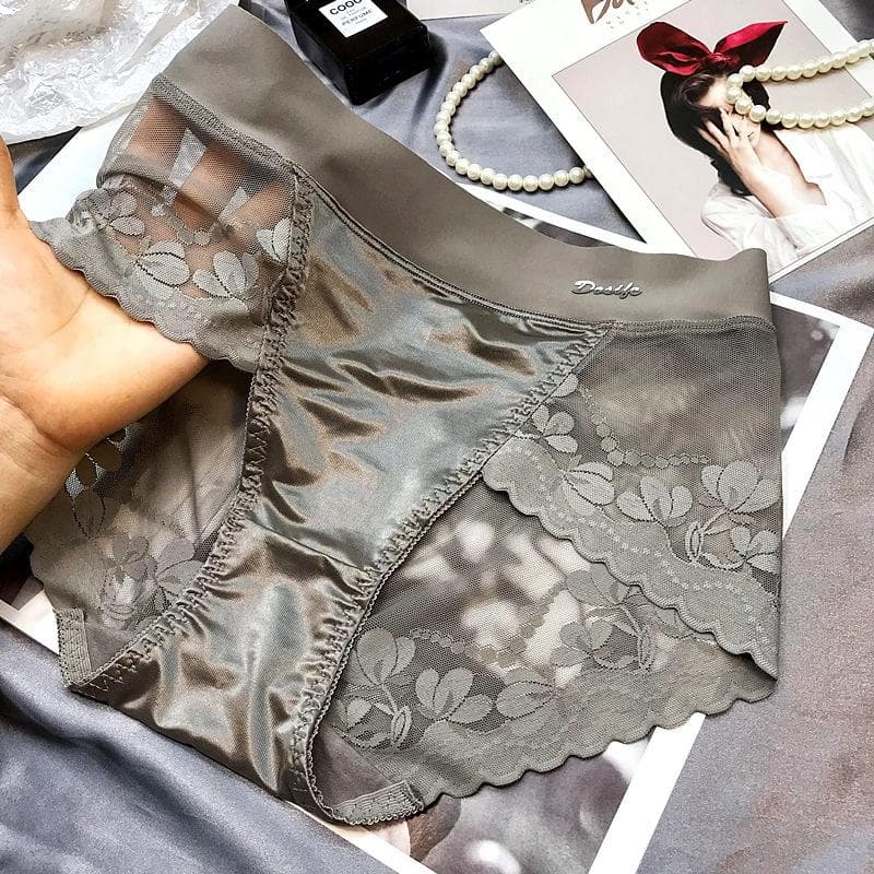 Women Luxury Satin Panties Tummly Control Summer Sexy Lace Briefs High Waist Plus Size Cotton Crotch Breathable Underpants Lingerie Underwear XXL dark grey