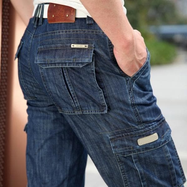 Mens Jeans Casual Military Multi-pocket Jeans Men Fashion Jeans Large 34 dark blue