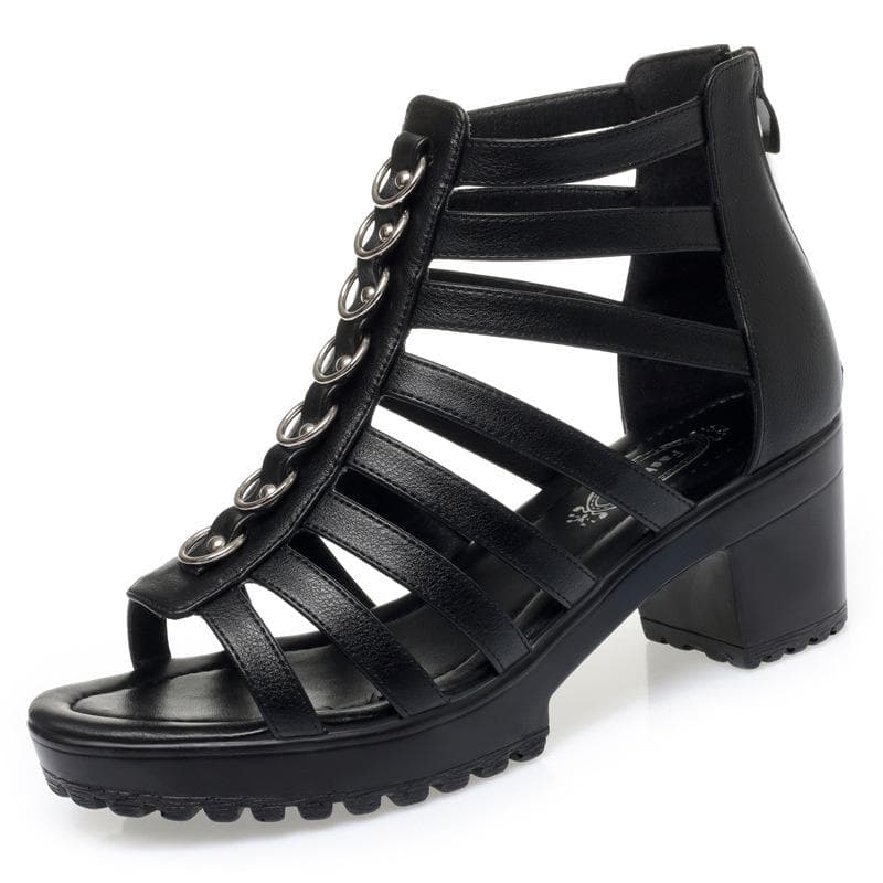 Fashion Comfort Breathable Cutout Med Heels Sandals Summer 2024 Fashion Versatile Open Toe Black Soft Leather Shoes for Office Mom 39(Foot24.5cm)