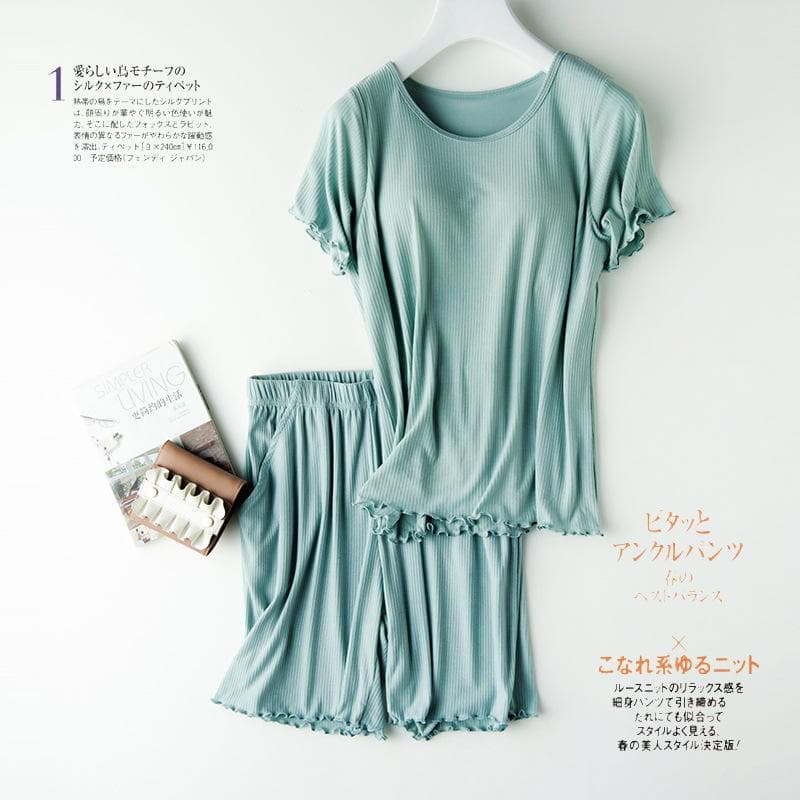 Threaded Cotton with Chest Pad Pajamas Short Sleeve Knitted One Half Sleeve + Shorts Pajamas Solid Color Simple Large Size Suit 2XL