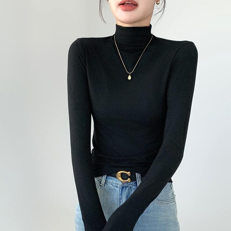 Half High Neck Women's Base Shirt Slim Fit Warm Long Sleeved Top XL black
