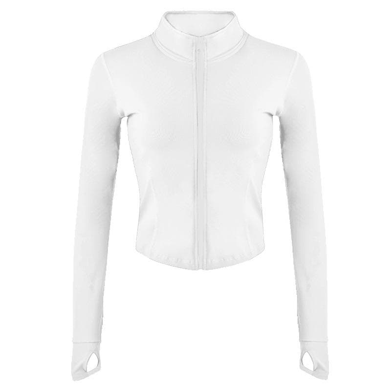 Women Full Zip-up Yoga Top Workout Running Jackets with Thumb Holes Stretchy Fitted Long Sleeve Crop Tops Activewear M white