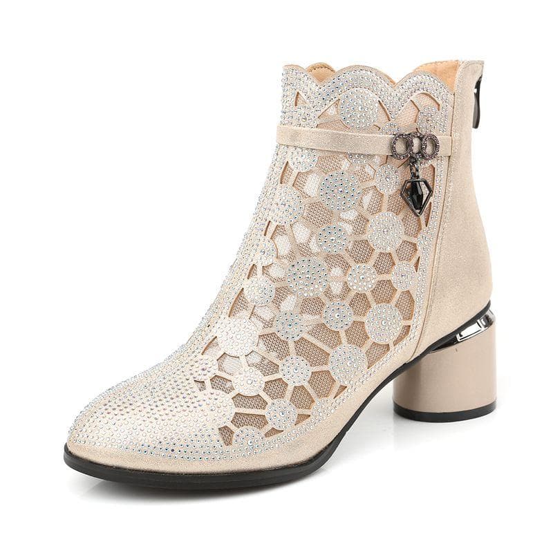 Women's Fashion Rhinestones Gauze Boots Thick Square Ankle Heel Zip Mesh Breathable Shoes Boot 38 gold