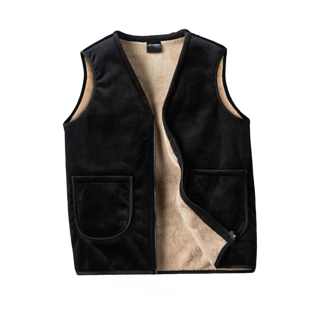 Men Vest Coat V-Neck Sleeveless Solid Color Velvet Lined Vest Coat with Pockets Zipper Closure Thickened Warm Bottoming Waistcoa L black