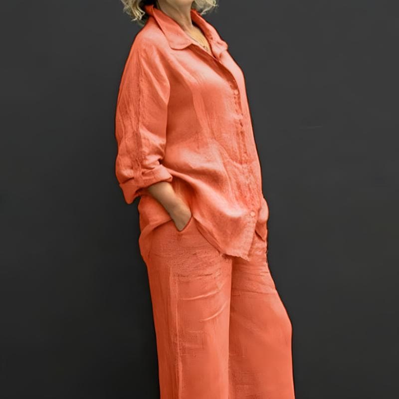 Women Linen Casual Shirt 2 Pieces Set Fashion Lapel Long Sleeve Button Blouse And Trousers Outfits Loose Wide Leg Pants Suits M orange