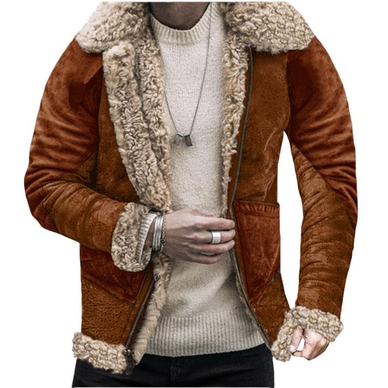 Winter New Fur One-piece Men's Coat Thickened Imitation Fur Printed Jacket 5XL brown