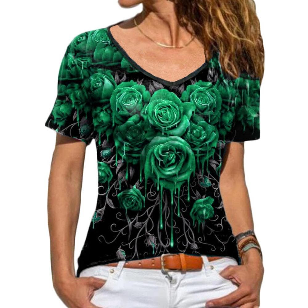 HNXC Women's Fashion Casual Summer Spring Floral Print Short Sleeve V-Neck Blouses & Shirts XXXL green