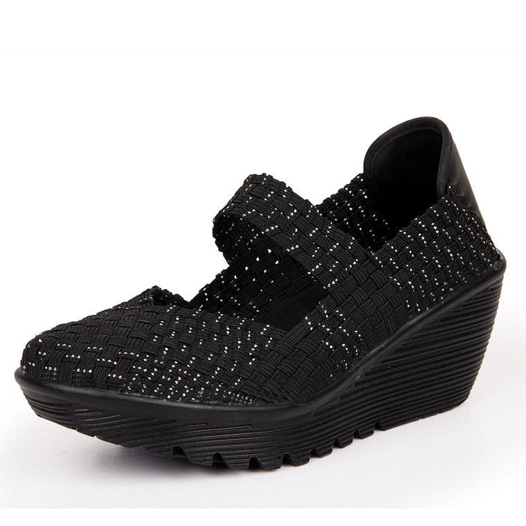 Women Summer Platform Woven Shoes Ladies Middle Chunky Heel Wedge Beach Sandals Casual Stretch Fabric Hollow Out Loafers Fashion 36 silver