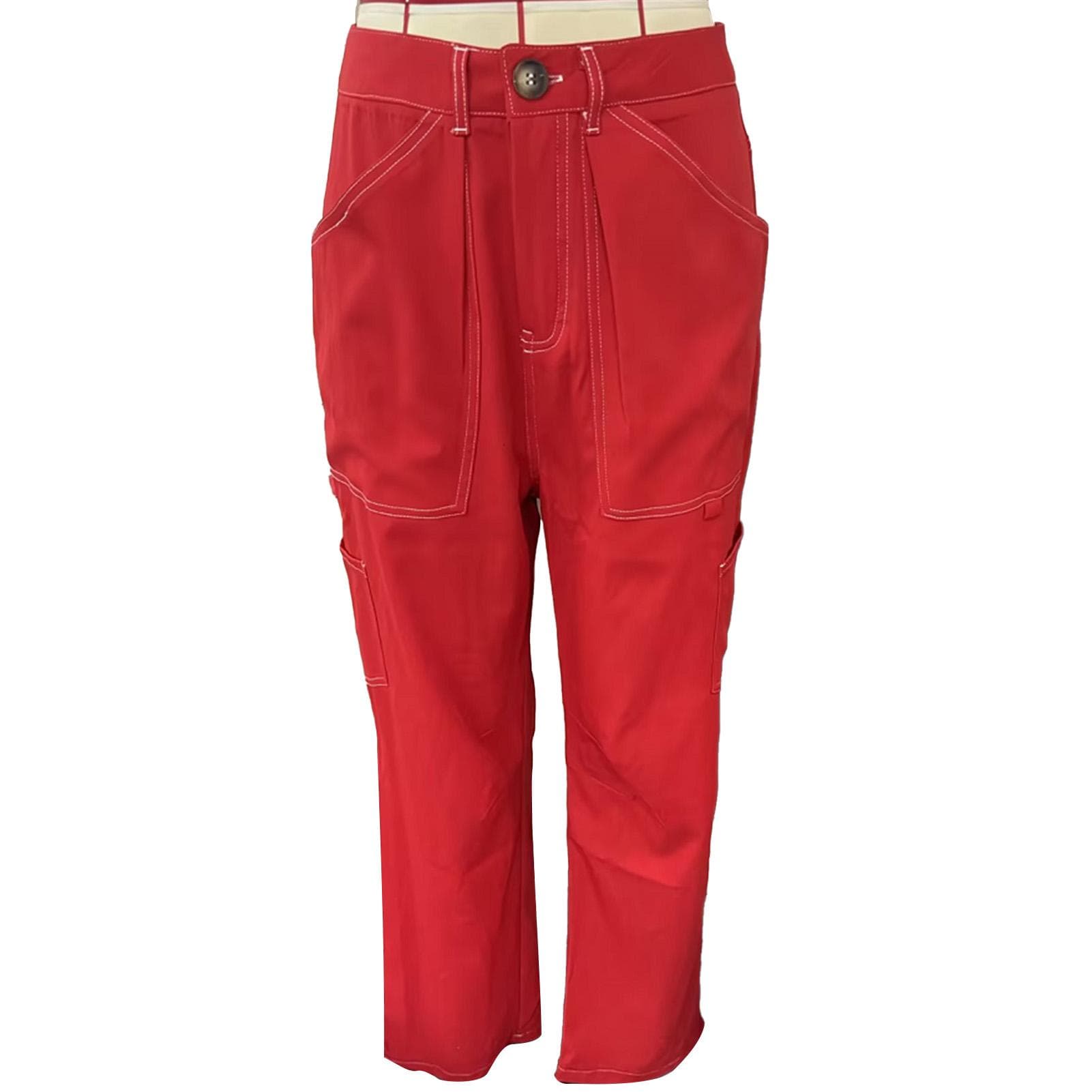 Women Casual Pants Fashionable Elegant Button Zipper Pants with Pockets for Travel Holiday Party L red