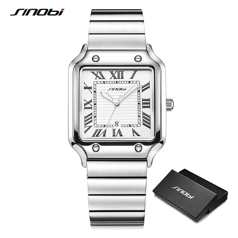 SINOBI Casual Design Men's Quartz Watches Fashion Stainless Steel Man's Wristwatches Business Square Clock silver